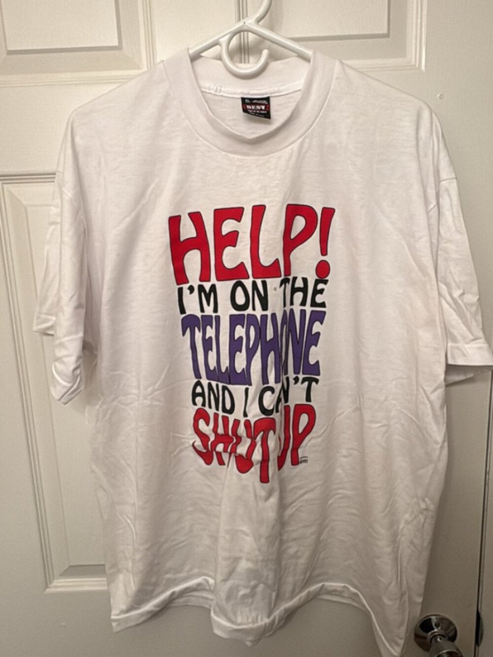 Funny Graphic T-Shirt – “Help! I’m on the Telephone…” – Size XL